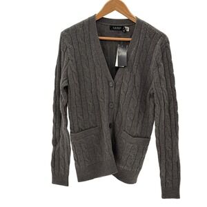 New Ralph Lauren Sweater Cardigan Cable Knit Chunky Wool Blend‎ Women Small Gray